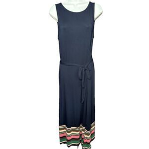 J. Jill Maxi Dress Women’s Size Medium Navy Blue Stripes Waist Tie Sleeveless